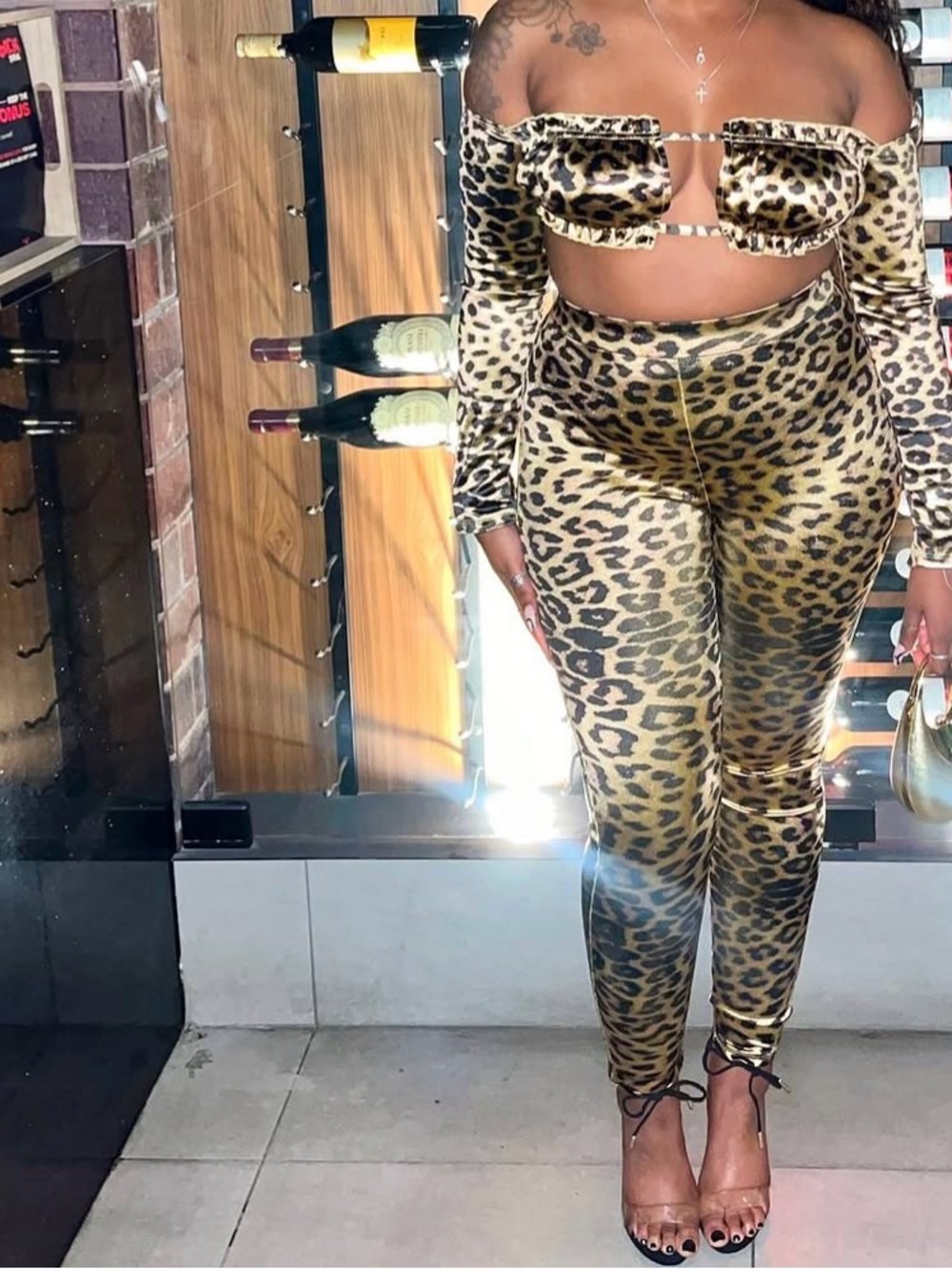 Leopard Print High-Waist Pants & Crop Top Set - Brown